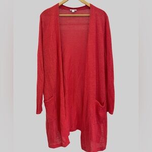 J. Jill Linen Blend Open Front Cardigan Womens Large Salmon Red Lightweight Knit